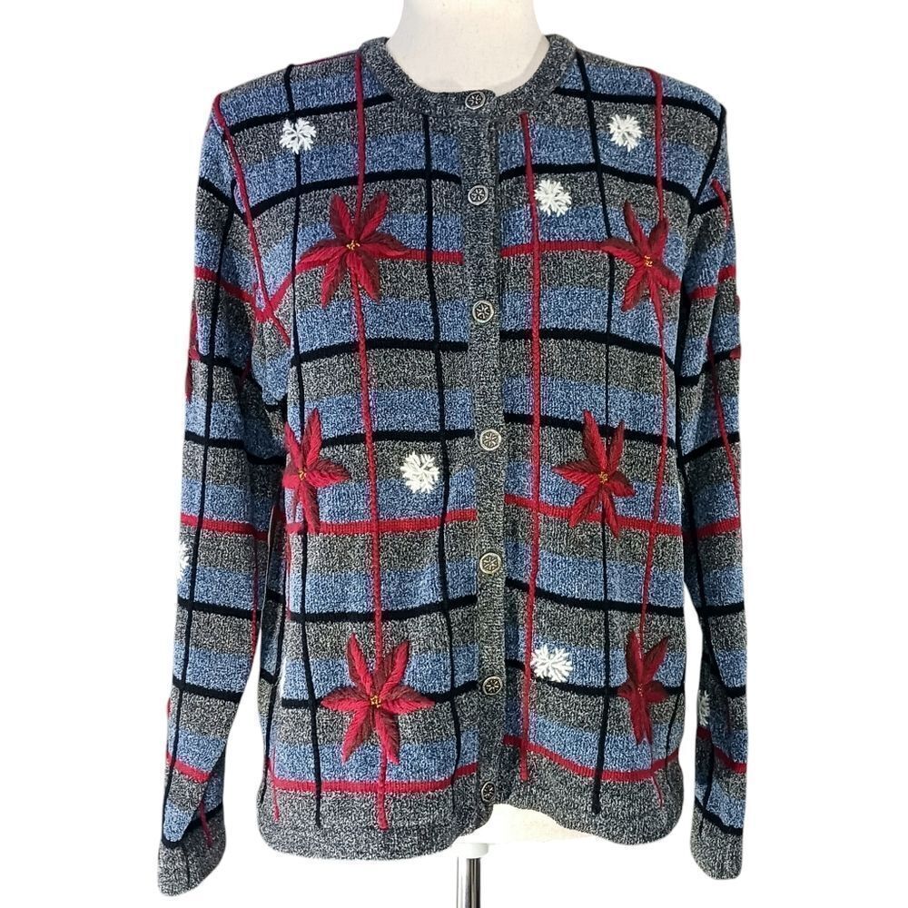 VINTAGE Knit Cardigan Hand Embroidered Holiday Snowflake Gray Red Size L